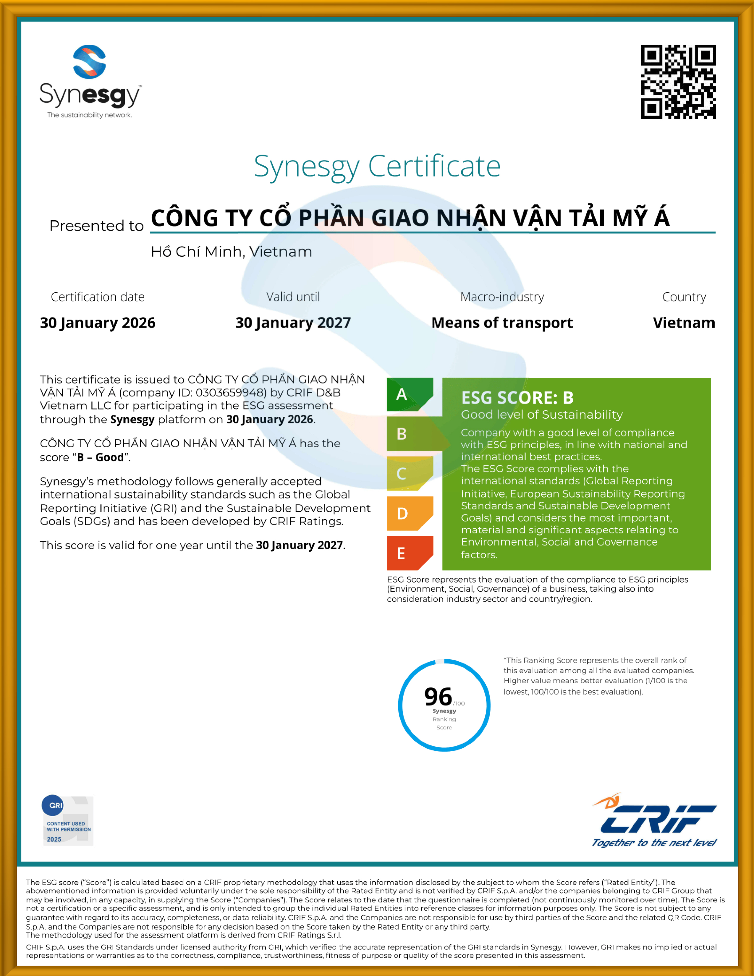 Chứng nhận Đánh giá ESG Synesgy